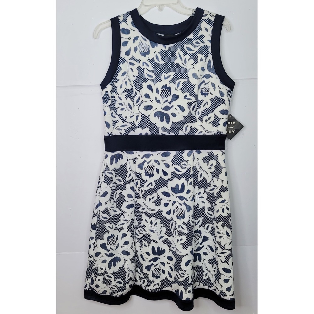 Kate and Lily Fit/Flare Lace Midi Dress Sleeveless 12 Navy White Floral Cottage - Picture 4 of 8